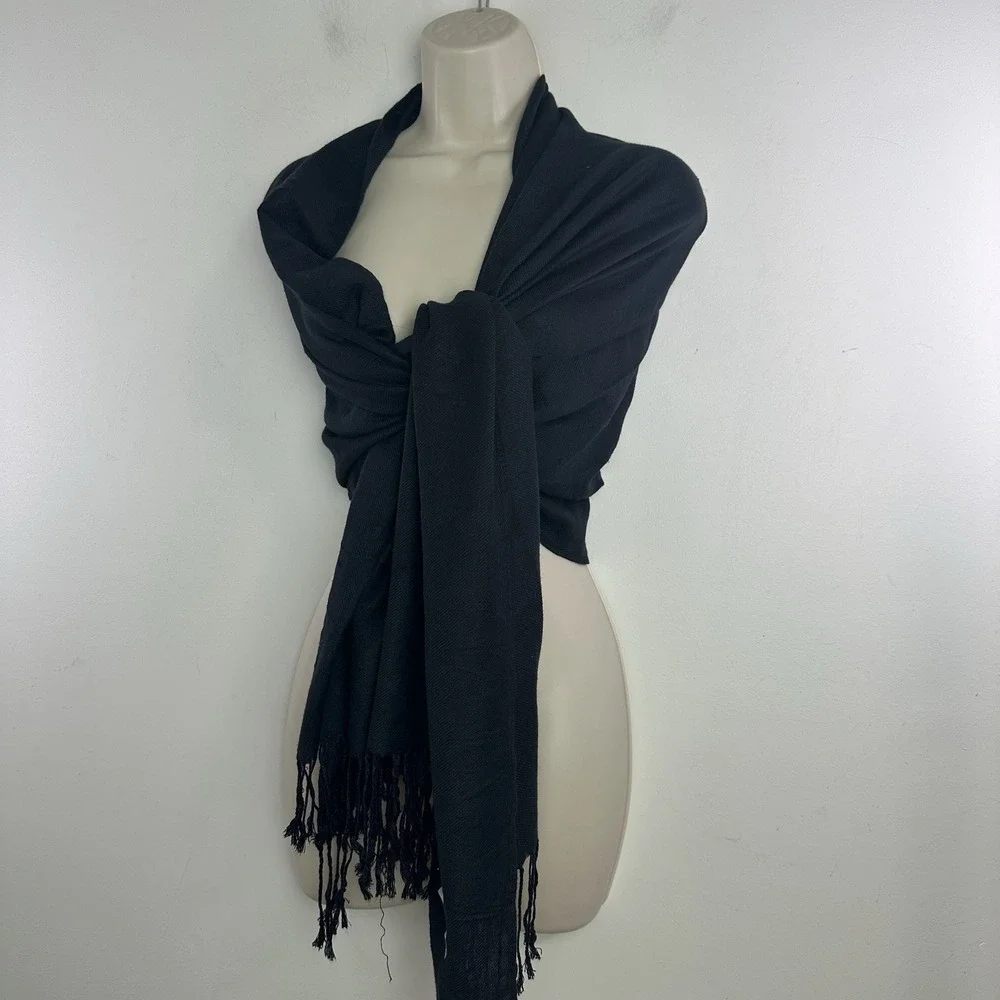 Black Scarf Shawl Pashmina wool/silk fringe
